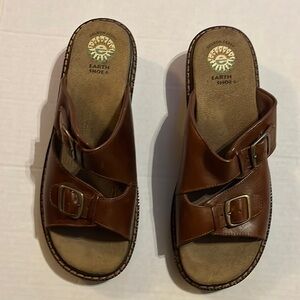 Earth shoe-10-brown-Gelron 2000 leather straps open toe,Pine heal double buckle